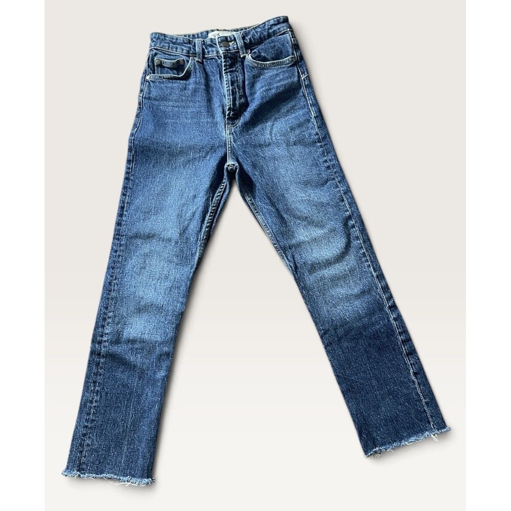 ZARA Jeans Size 2 Blue Denim The HW Ankle Straight Raw Hem High Rise Mom N